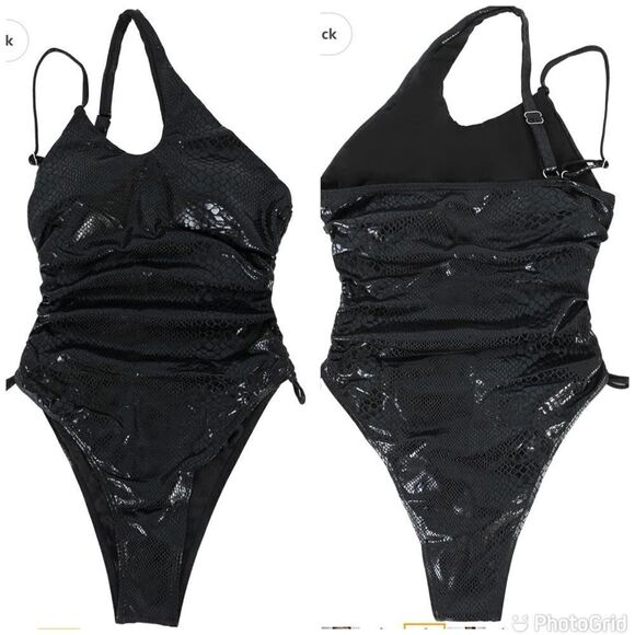 Sexy One Piece Swimsuits One Shoulder Cut Out High Cut Snake Print - Picture 2 of 13